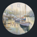 Mooie Waterverf nautische zeilmonogram Grote Klok<br><div class="desc">Deze klok vertegenwoordigt de magische visie die we hebben van zeilboten die stilletjes in een mistige haven zitten in de vroege ochtend - de rust, stilte en sereniteit van het moment. Voeg je monogram toe. Geniet van het heerlijke poster voor jezelf of als cadeau. Als u vragen heeft, stuur dan...</div>