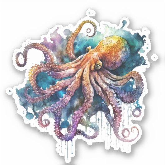 Mooie Waterverf Octopus Vinyl Sticker (Voorkant)