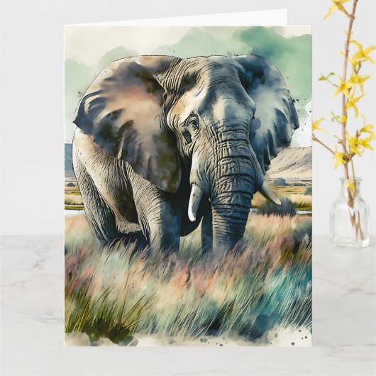 Mooie Waterverf olifant Kaart (Gele Bloem)