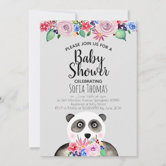 Mooie Waterverf Panda Beer en Bloemen Baby Shower Kaart (Voorkant)
