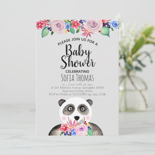 Mooie Waterverf Panda Beer en Bloemen Baby Shower Kaart (Staand voorkant)