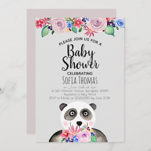 Mooie Waterverf Panda Beer en Bloemen Baby Shower Kaart (Voorkant / Achterkant)