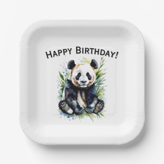 Mooie Waterverf Panda Beer Happy Birthday Papieren Bordje (Voorkant)