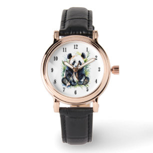 Mooie Waterverf Panda Beer zwarte cijfers Horloge