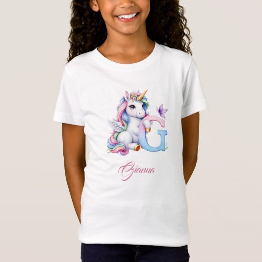 Mooie waterverf pastel eenhoorn G monogram T-shirt (Voorkant)