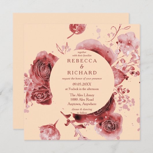 Mooie Waterverf Peach Burgundy florale bruiloft Kaart (Voorkant / Achterkant)