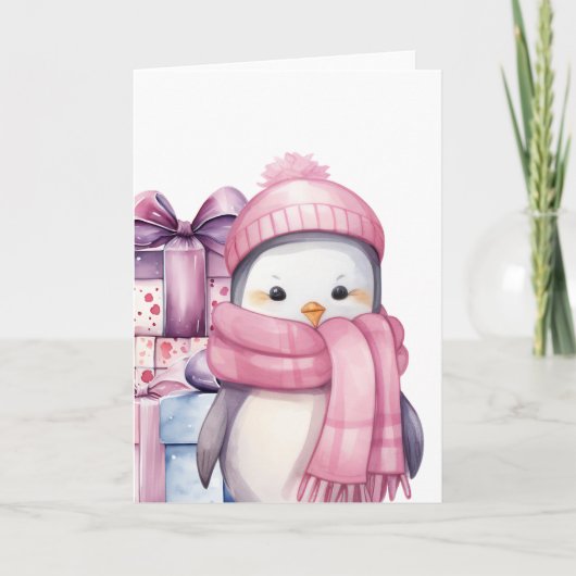 Mooie Waterverf Pinguïn in Roze met Cadeaus Kaart (Voorkant)