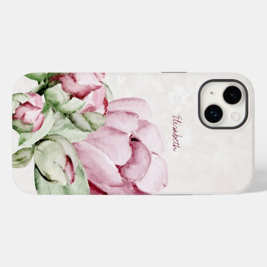 Mooie Waterverf Pioenrozen Beige gepersonaliseerd Case-Mate iPhone Case (Achterkant (horizontaal))