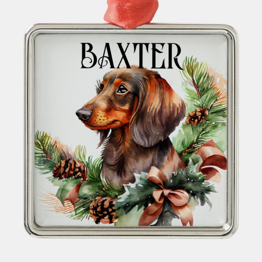 MOOIE WATERVERF RED DACHSHUND DOG METALEN ORNAMENT (Voorkant)