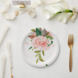 Mooie waterverf roos en gebladerte bruiloft papieren bordje