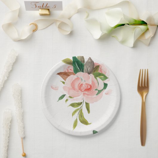 Mooie waterverf roos en gebladerte bruiloft papieren bordje (Huwelijk)