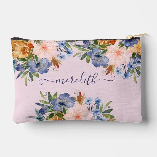 Mooie Waterverf Roze Blauw Bloemen Naam Etui (Achterkant)