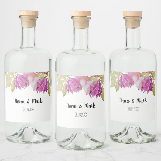 Mooie Waterverf roze bloemen handbeschilderd Likeurfles Etiket (Flessen)