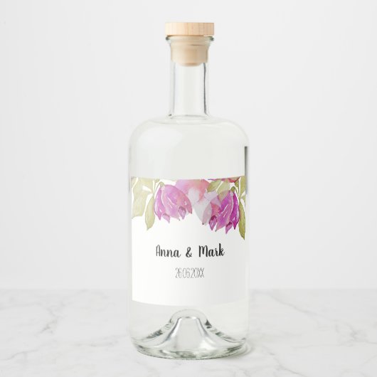 Mooie Waterverf roze bloemen handbeschilderd Likeurfles Etiket (Voorkant)