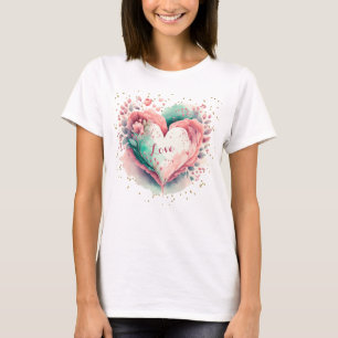 Mooie Waterverf Roze en Groen Bloemen Hart T-shirt