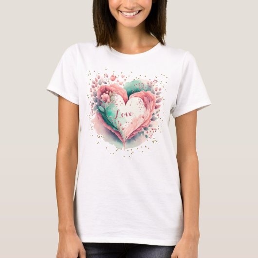 Mooie Waterverf Roze en Groen Bloemen Hart T-shirt (Voorkant)