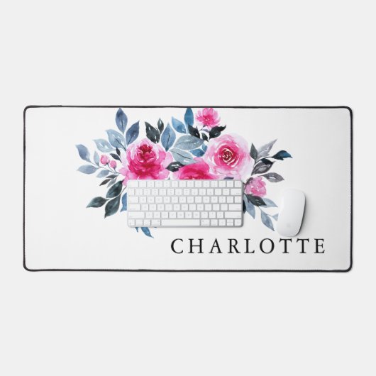 Mooie Waterverf roze Floral met naam Bureaumat (Keyboard & Muis)