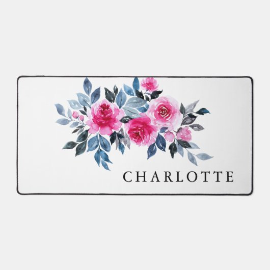 Mooie Waterverf roze Floral met naam Bureaumat (Voorkant)