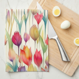 MOOIE WATERVERF ROZE & ORANJE BLOMEN TULPEN THEEDOEK