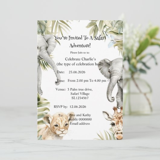 Mooie waterverf safari babydieren feest uitnodigin kaart (Staand voorkant)