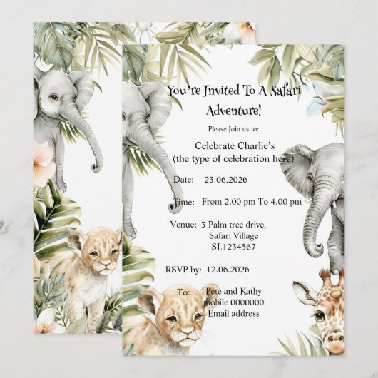 Mooie waterverf safari babydieren feest uitnodigin kaart (Voorkant / Achterkant)