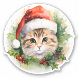 Mooie Waterverf Santa Cat Holly Berry krans Sticker
