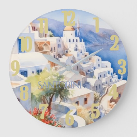 Mooie Waterverf Santorini Griekenland Reizen Grote Klok (Voorkant)