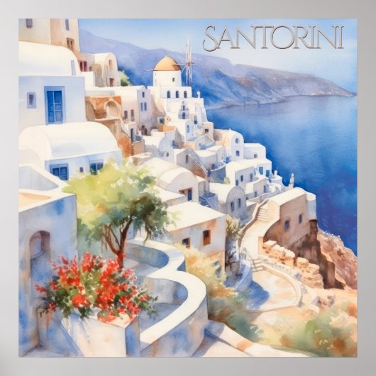 Mooie Waterverf Santorini Griekenland Reizen Poster (Voorkant)