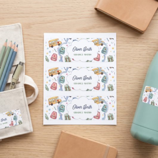 Mooie waterverf schoolbus stickers met eigen naam