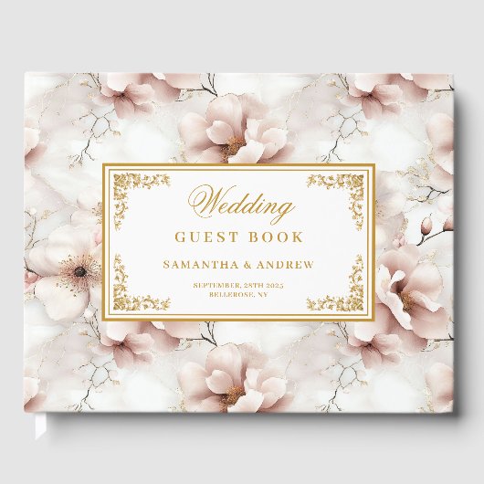 Mooie waterverf stoffige roze bloemen gouden bruil gastenboek (Voorkant)