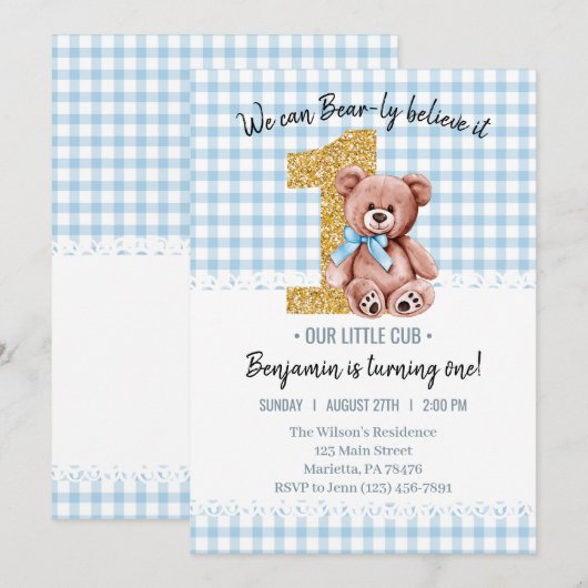 Mooie Waterverf Teddy Bear 1e Verjaardag Kaart (Voorkant / Achterkant)