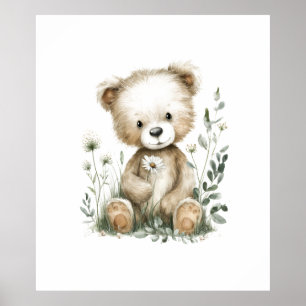 Mooie Waterverf Teddybeer met Wilde Bloemen Poster
