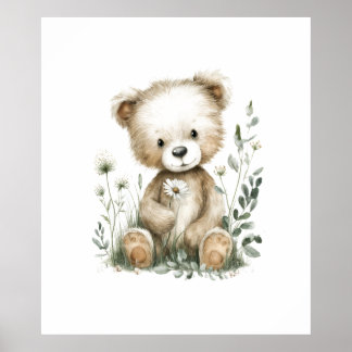 Mooie Waterverf Teddybeer met Wilde Bloemen Poster