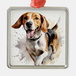 MOOIE WATERVERF TRI KLEUR FOXHOUND DOG METALEN ORNAMENT