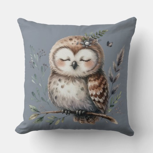 Mooie Waterverf Uil met Bloemrijke Bosstijl Kussen (Voorkant)