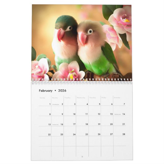 Mooie Waterverf van Lovebird Bird Cute Pet Parrot Kalender (Feb 2026)