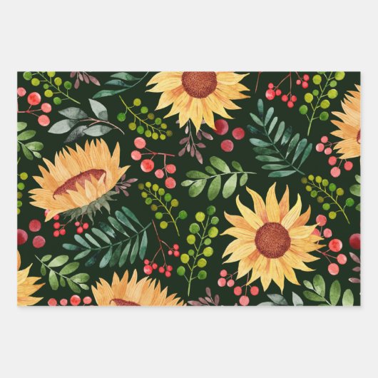 Mooie Waterverf van zonnebloemen en bessen Inpakpapier Vel (Voorkant 3)