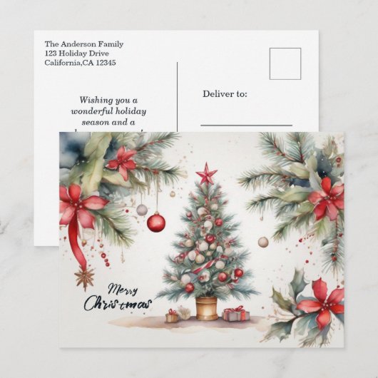Mooie Waterverf versierde kerstboom Feestdagenkaart (Voorkant / Achterkant)