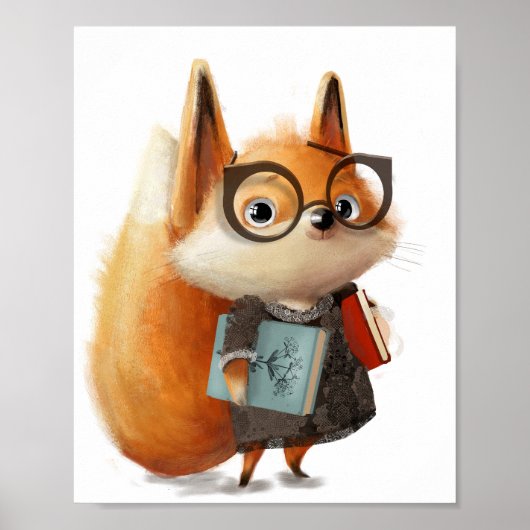 Mooie Waterverf Vos Boek Student | Vos Muurprint Poster (Voorkant)