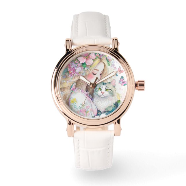 Mooie waterverf vrouw met kattenillustratie horloge (Voorkant)