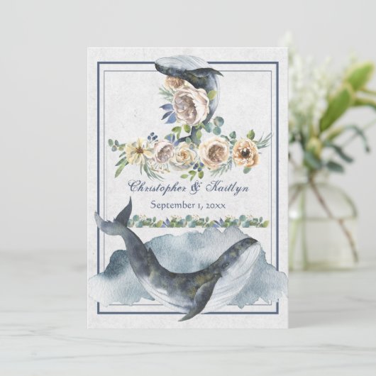Mooie Waterverf walvissen en bloemen bruiloft Kaart (Staand voorkant)