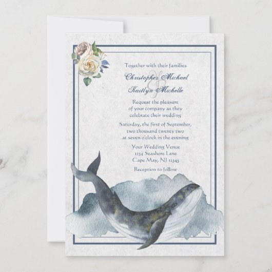 Mooie Waterverf walvissen en bloemen bruiloft Kaart (Achterkant)
