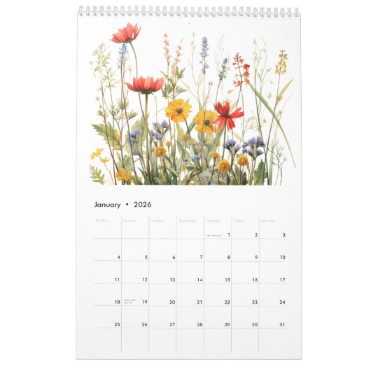 Mooie Waterverf Wilde bloem Botanische tuin Kalender (Jan 2026)