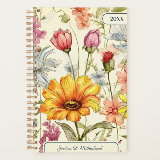 Mooie waterverf wilde bloem gepersonaliseerd logo planner (Voorkant)