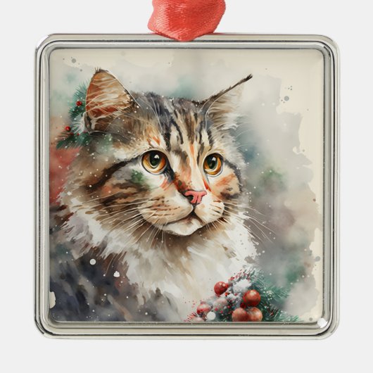 MOOIE WATERVERF WINTER TABBY KAT GEZICHT METALEN ORNAMENT (Voorkant)