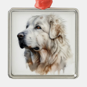 MOOIE WATERVERF WITTE GROTE PYRENEEËN HOND METALEN ORNAMENT