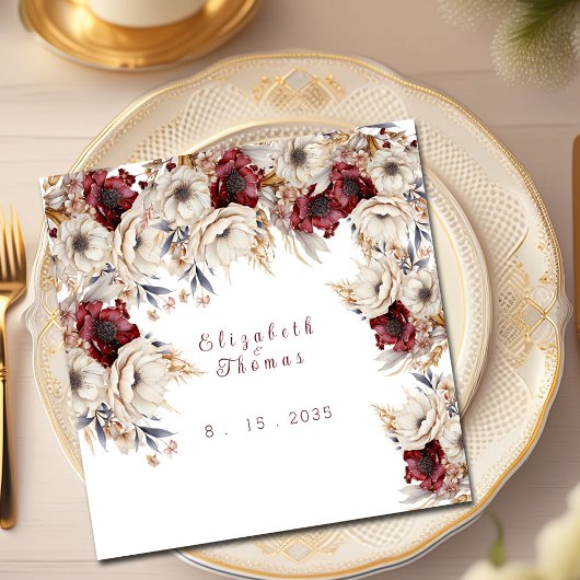 Mooie Waterverf witte rozen bordeaux papavers Servet