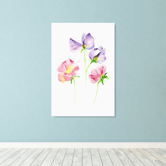 Mooie Waterverf Zoete Erwten Roze Paarse Canvas Afdruk (Insitu (Houten vloer))