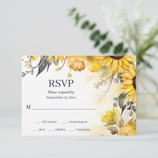 Mooie Waterverf Zonnebloem Bloemen Bruiloft RSVP Kaartje (Staand voorkant)