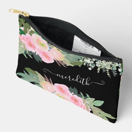 Mooie Waterverf Zwart en Roze Bloemen Naam Etui (Open)